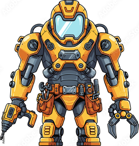 Powerful Yellow Robot with Tools, Futuristic Mechanic Exoskeleton.