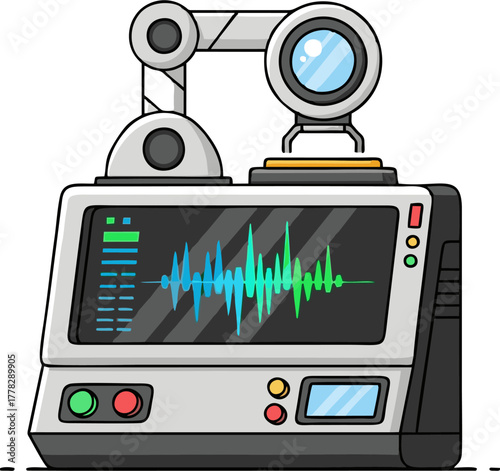 Advanced sound analysis machine with robotic arm and waveform display.
