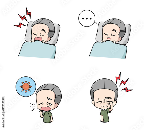 睡眠時無呼吸症候群の症状のイラストセット・高齢男性