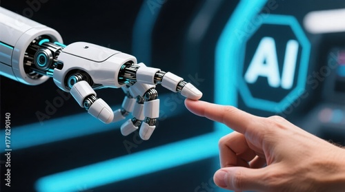 Ai interaction robotic hand touching human finger futuristic lab digital environment close-up perspective