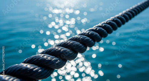 A close-up of a thick nautical rope over sparkling blue water, a powerful concept for maritime themes, strength, connection, and marine travel
