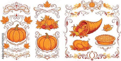 Celebrate autumn abundance with vibrant Thanksgiving harvest elements featuring pumpkins, a golden turkey, pie, and cornucopia overflowing with fruit, perfect for festive designs.