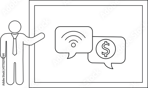 A person gestures towards a board displaying WiFi and dollar sign icons in speech bubbles