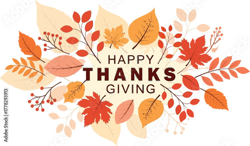 Celebrate autumn's abundance with a vibrant 'Happy Thanksgiving' message surrounded by warm, falling leaves and berries, perfect for seasonal greetings and festive decor.