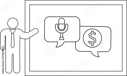 A presenter gestures to a board with speech bubbles a microphone  a dollar sign
