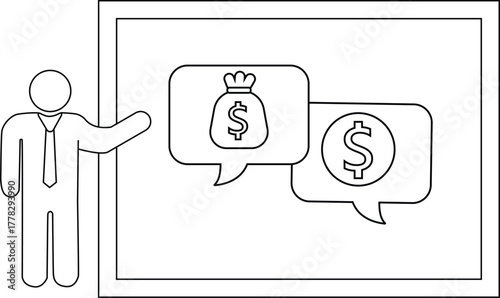 A presenter gestures toward a board showing money symbols within two speech bubbles