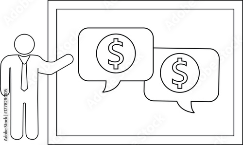 A simplified icon depicting a presentation on finance showing a figure gesturing towards speech bubbles with dollar signs