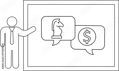 A stick figure points to a diagram of a chess piece and dollar sign in speech bubbles on a whiteboard