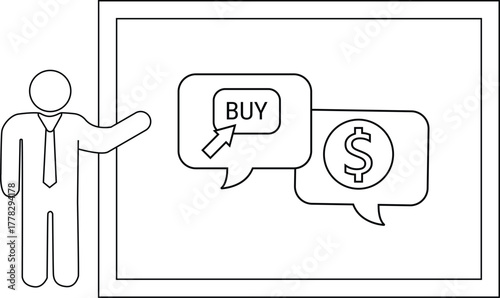A stick figure presenter stands by a framed screen featuring BUY  a dollar sign in speech bubbles