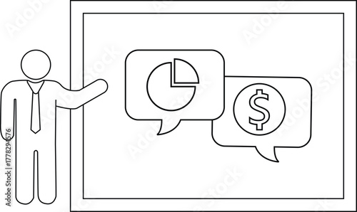 Line art presenter pointing at charts pie chart dollar sign on board
