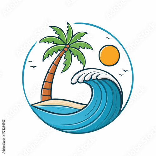 Vibrant tropical island summer getaway illustration with a towering palm tree, majestic ocean wave, and bright sun, perfect for beach holiday and travel-themed designs