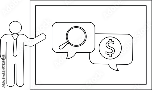 Man presenting a whiteboard with icons magnifying glass and dollar sign