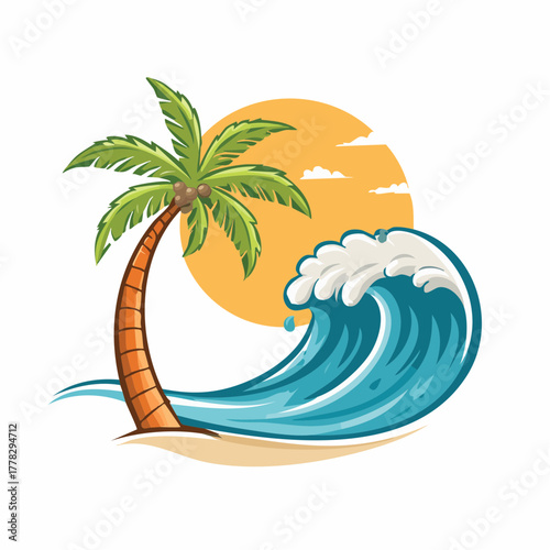 Tropical beach scene with a palm tree and a cresting ocean wave under a warm sun