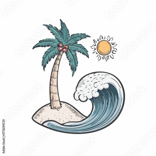 Stylized tropical island illustration featuring a lush palm tree with coconuts, a powerful ocean wave, and a radiant sun, ideal for summer, beach, and vacation concepts