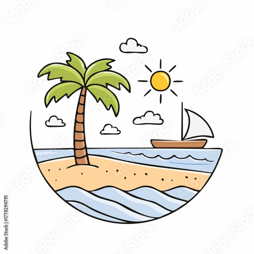 Circular tropical beach illustration with a palm tree, ocean, sailboat, and sun, perfect for summer vacation and travel designs