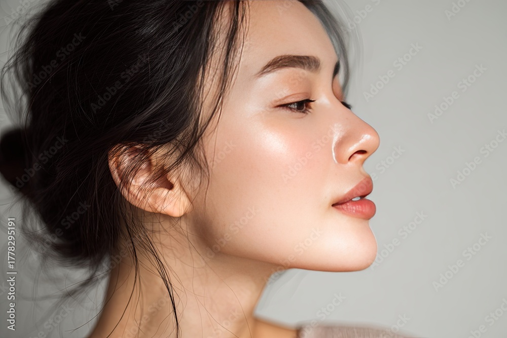 Fototapeta premium Profile view highlights smooth skin texture and natural facial contours of an adult woman