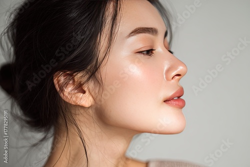 Profile view highlights smooth skin texture and natural facial contours of an adult woman