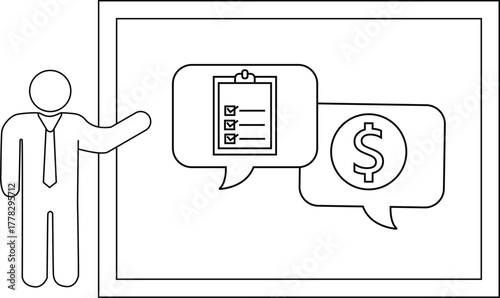 Person presents checklist  dollar symbol on board