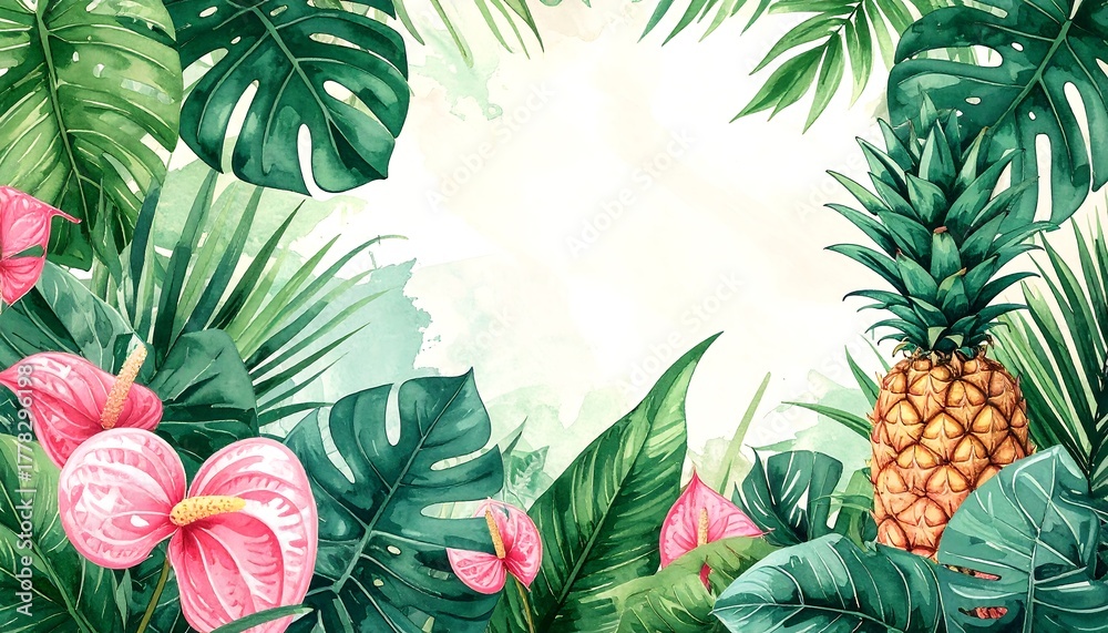 Naklejka premium Tropical floral frame with pineapple