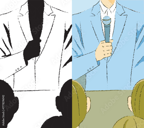 Professional speaker delivering powerful speech to engaged audience at conference, creating dynamic presentation, inspirational, leadership potential, and motivational impact