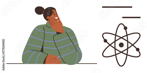 Person in striped sweater thoughtfully holds chin, suggesting curiosity, next to a simplified atomic structure. Ideal for education, science, learning, creativity, innovation, research curiosity