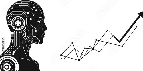 Artificial intelligence head vector, technology innovation illustration, AI growth chart design, machine learning progress symbol, futuristic data analytics graphic, black minimal artwork set