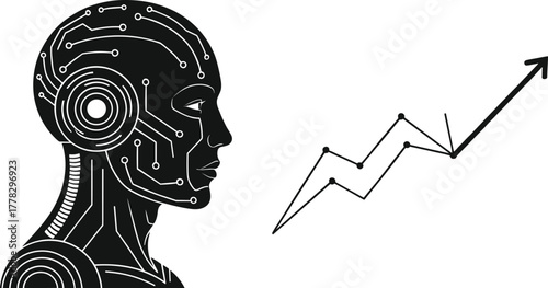 Artificial intelligence vector illustration, humanoid robot silhouette with circuit design, rising growth chart arrow, futuristic technology concept, business innovation progress, digital AI graphic