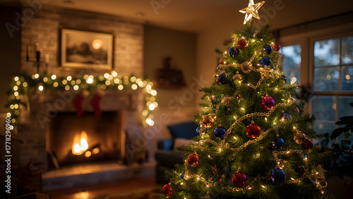 Cozy christmas ambiance with a decorated tree and fireplace scene indoors