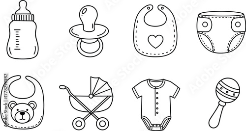 Baby care silhouette vector illustration, infant product icons set, bottle, pacifier, bib, diaper, stroller, onesie, rattle, childcare essentials, minimalist design