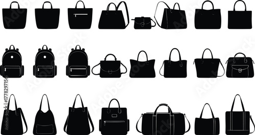 Bag silhouette vector set, black fashion accessory icons collection, tote backpack handbag duffel crossbody shoulder bag designs, stylish travel and shopping illustration