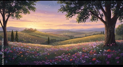A vibrant, idyllic landscape at sunrise with rolling hills, a field of wildflowers, and two large trees framing the view.