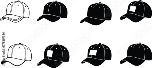 Baseball cap silhouette vector illustration, hat icons set, headwear design variations, fashion accessory graphic, branding placement concept, minimalist black style collection