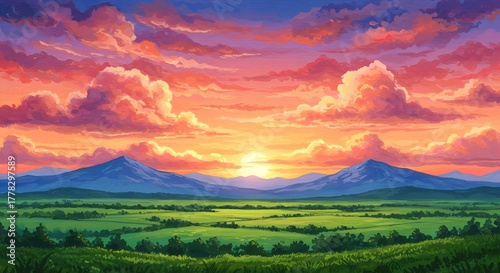 A breathtaking panoramic landscape painting depicting a vibrant sunset over a lush green valley with two majestic mountains under a sky filled with colorful clouds.