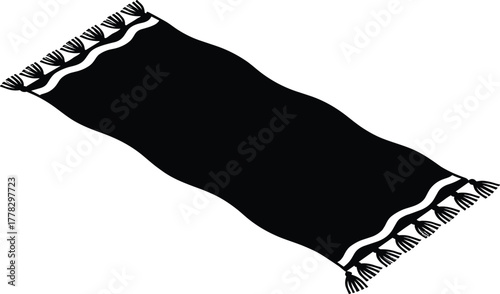 Black and white flying carpet, vector rug illustration, magical oriental carpet icon, decorative wavy edge design, folklore symbol, cultural fantasy artwork