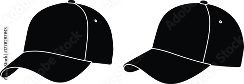 Black baseball cap vector illustration, simple sports hat design, fashion accessory template, casual headwear graphic, isolated cap outline, modern apparel icon