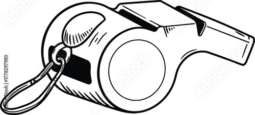 Black and white whistle vector, sports referee tool, safety signal icon, emergency alert equipment, cylindrical design, lanyard loop, minimal illustration, isolated object