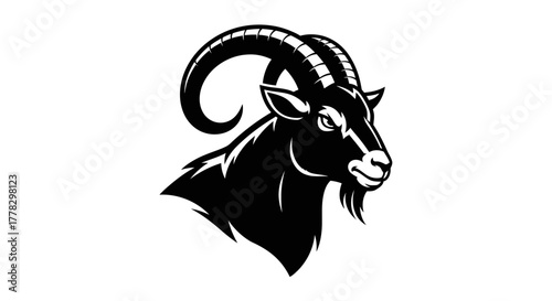 Black Silhouette Head of a Fierce Goat with Majestic Horns