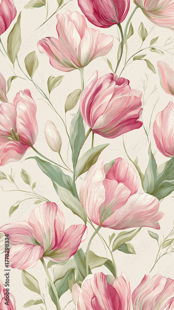 Fototapeta premium Delicate pattern of watercolor tulips in soft pinks and greens creates elegant floral design. intricate details and gentle hues evoke sense of tranquility and beauty
