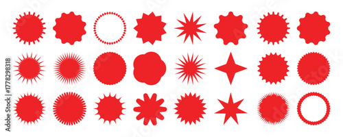 Set of zigzag-edged circles and sunburst stickers. Spiky badge shapes for price tags, discounts, sales, and promo labels