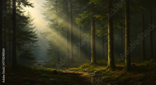 Sunlight piercing through a dense, misty forest, illuminating a winding path and creating a mystical atmosphere among tall pine trees.