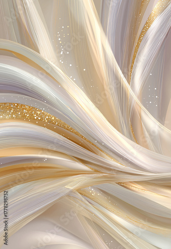 Elegant abstract design with soft flowing lines and shimmering gold accents on light beige background, creating sense of movement and luxury