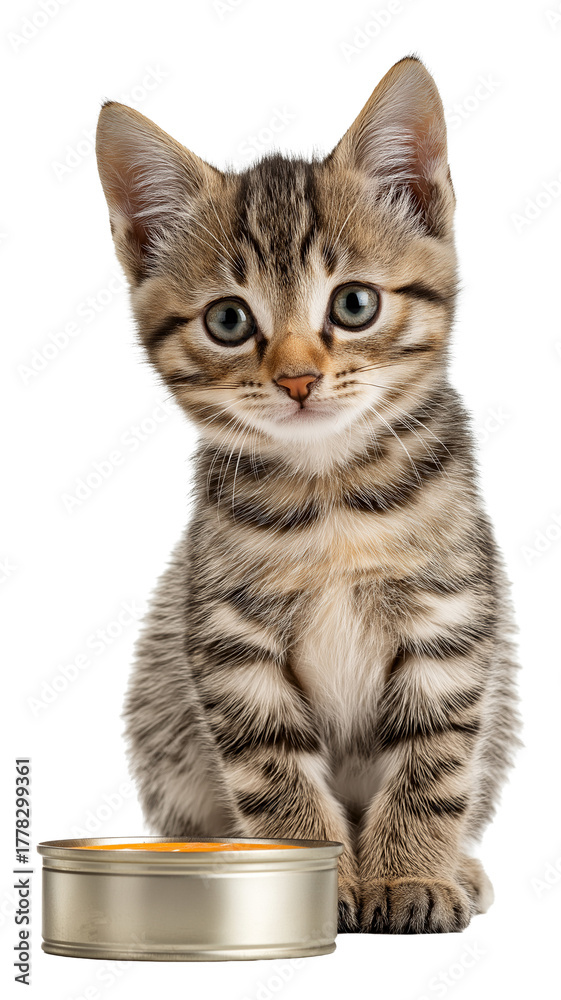 Obraz premium Cute tabby kitten with striking stripes sits beside can of cat food, looking curious and alert. kitten fur is soft and fluffy, and its eyes are wide open, adding to its adorable appearance