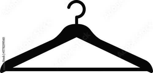 Clothes hanger silhouette, black vector icon, fashion accessory symbol, garment storage tool, closet organization element, minimal design, retail shop illustration, simple household object