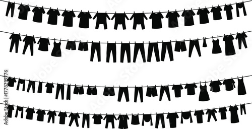 Clothesline silhouettes vector, hanging clothes icons, laundry drying illustration, household chore design, fashion garment symbols, domestic scene artwork, black minimal style, simple graphic set