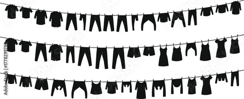 Clothesline silhouettes vector, hanging clothes icons, laundry drying illustration, household chore design, fashion garment symbols, domestic scene artwork, black minimal style, simple graphic set