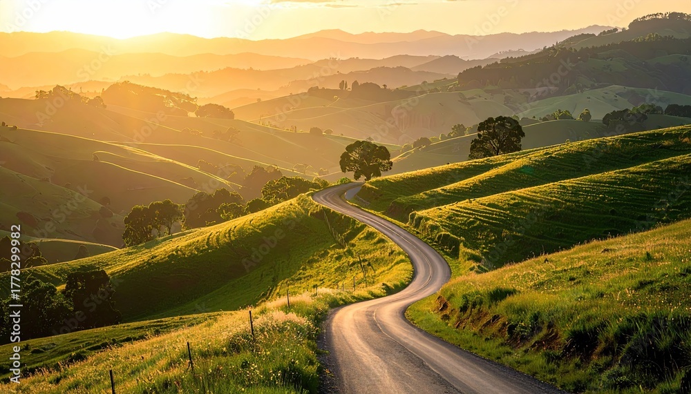 Fototapeta premium Golden Hour Sunlight Illuminates Rolling Hills and Winding Road in Rural Landscape