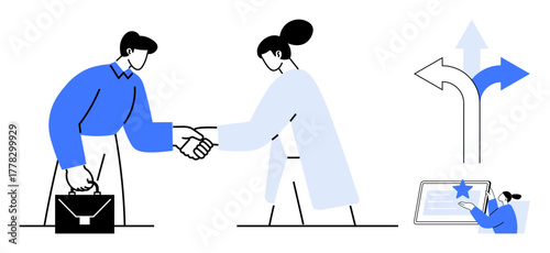 Professional handshake between man and woman, directional arrows, and tablet with star rating insight. Ideal for teamwork, collaboration, decision-making, business partnerships, career growth
