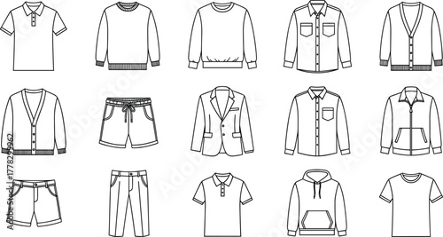 Clothing line art vector set, black and white fashion illustration, shirts pants shorts hoodies sweaters cardigans jackets, casual apparel outline collection