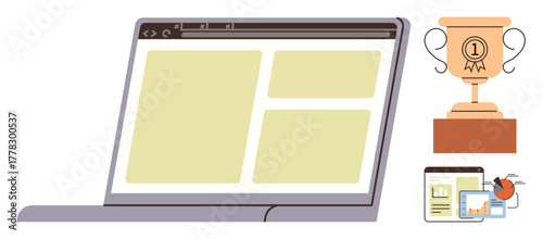 Laptop with a web page layout, trophy signifying achievement, and analytic graph suggesting success. Ideal for web development, analytics, awards, online growth, productivity, business success