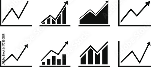 Growth chart icons vector, upward trend graphs, business analytics illustration, financial progress symbols, economic data visualization design, success performance graphic, black minimal artwork set